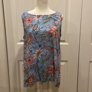 Loft, sleeveless tee, size large, blue with red and coral floral print